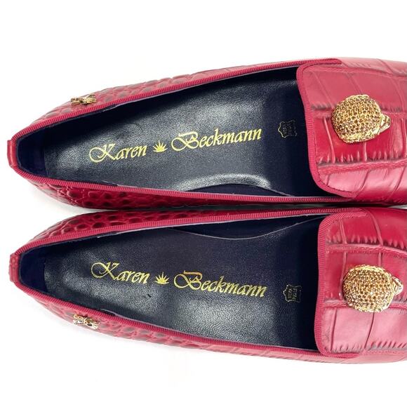 Rare New Red Flat/Loafer Sz 9/39 Jeweled Skull Alligator Leather Karen Beckmann - Picture 6 of 14